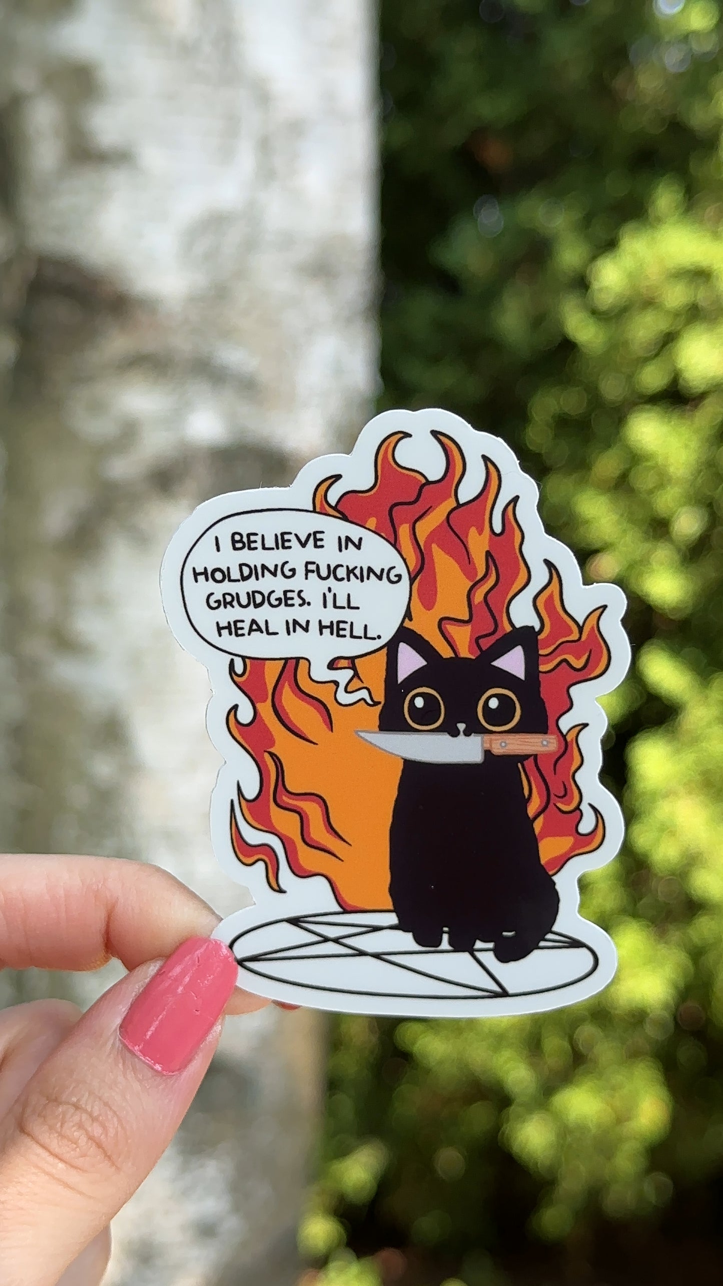 Funny Grudge Holding Cat Sticker, Gothic Black Cat With Knife and Flames Waterbottle Sticker