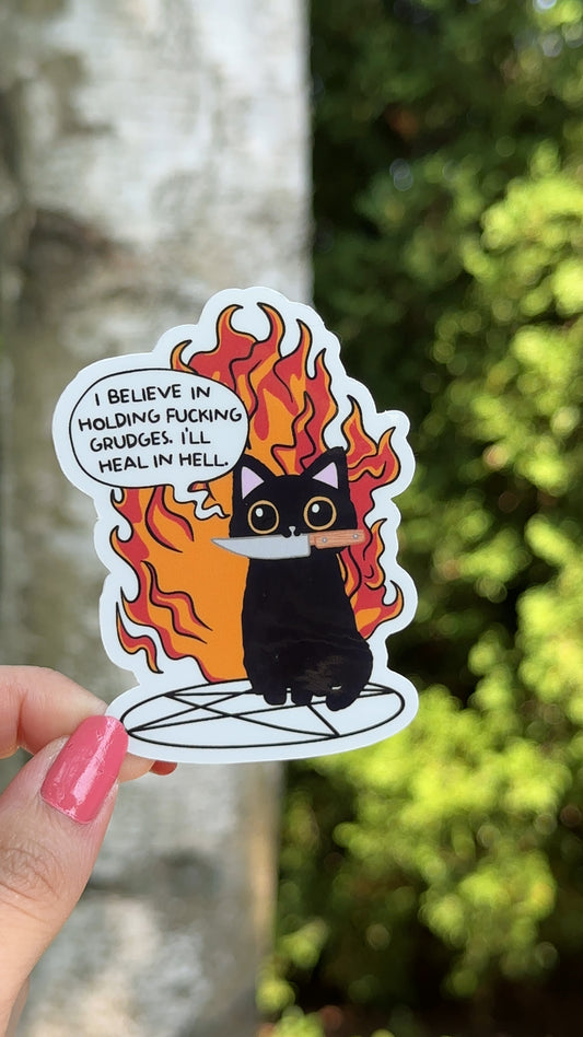 Funny Grudge Holding Cat Sticker, Gothic Black Cat With Knife and Flames Waterbottle Sticker