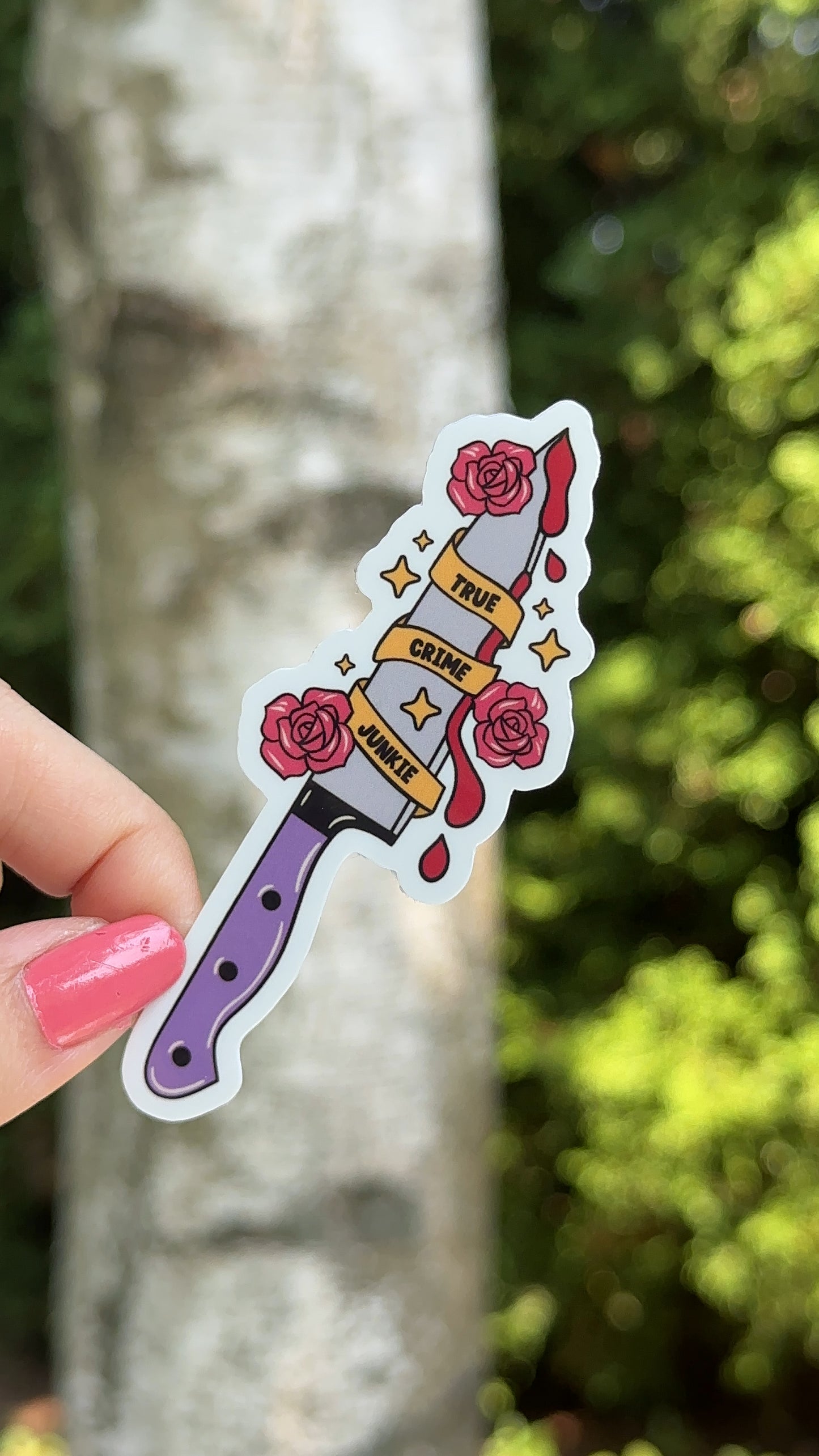 True Crime Junkie Knife Sticker, Gothic Rose Waterbottle Vinyl Sticker