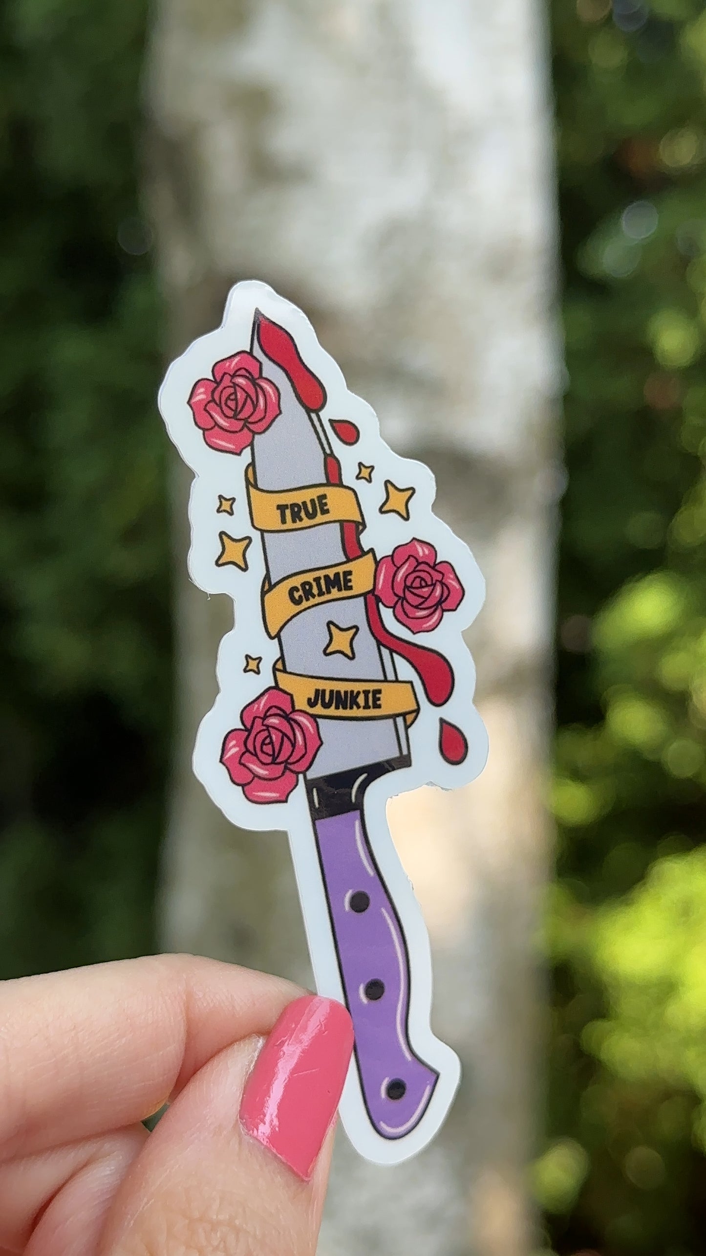 True Crime Junkie Knife Sticker, Gothic Rose Waterbottle Vinyl Sticker